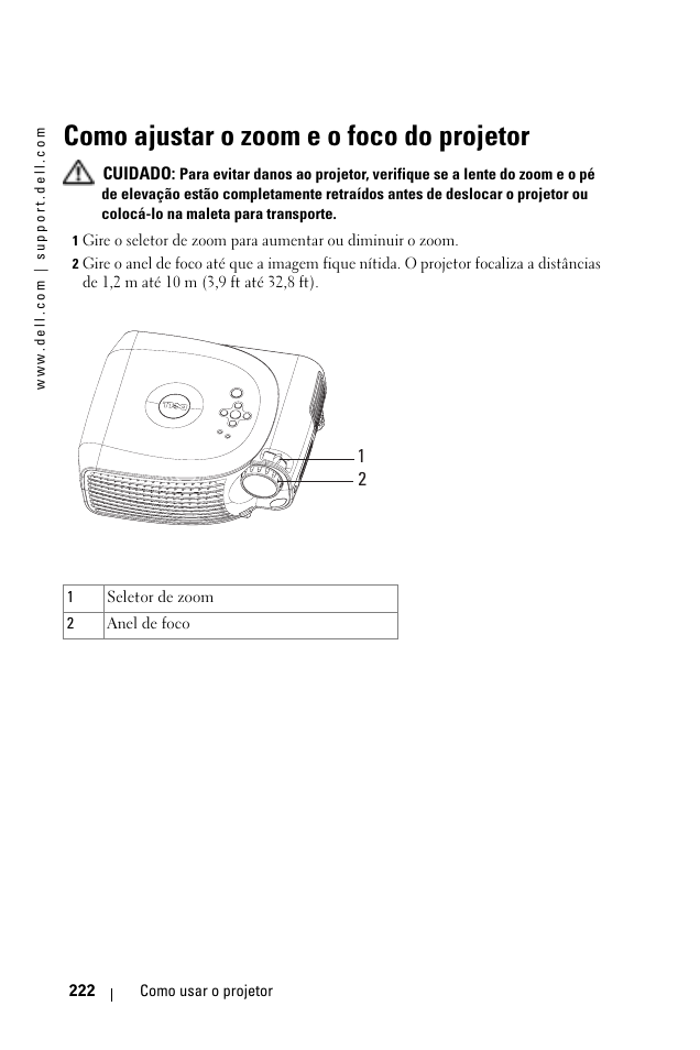 Como ajustar o zoom e o foco do projetor | Dell 1100MP User Manual | Page 222 / 278