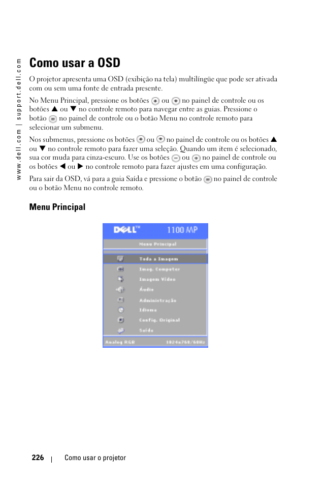 Como usar a osd, Menu principal | Dell 1100MP User Manual | Page 226 / 278