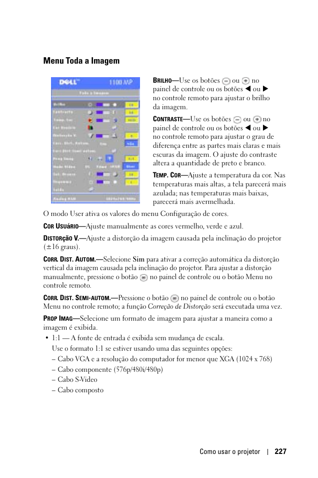 Menu toda a imagem | Dell 1100MP User Manual | Page 227 / 278