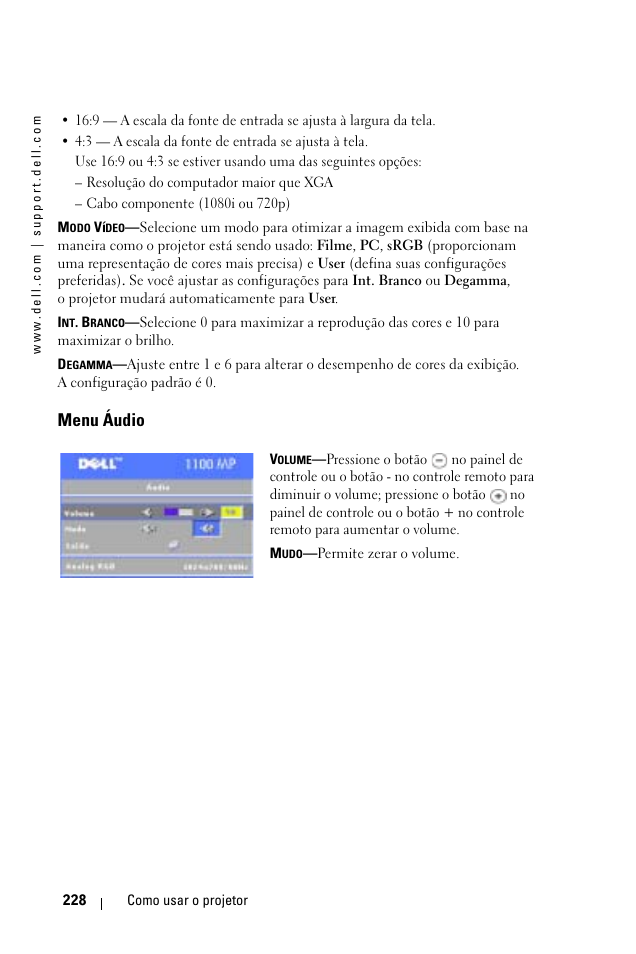 Menu áudio | Dell 1100MP User Manual | Page 228 / 278