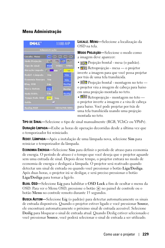 Menu administração | Dell 1100MP User Manual | Page 229 / 278