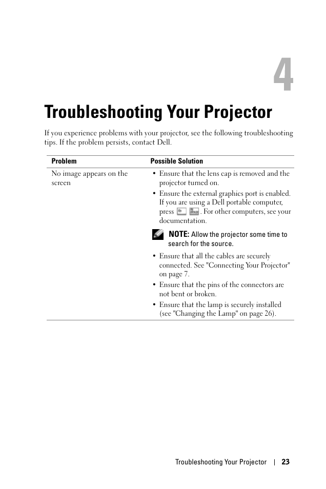 Troubleshooting your projector, 4 troubleshooting your projector | Dell 1100MP User Manual | Page 23 / 278