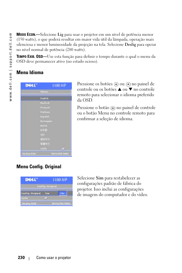 Menu idioma, Menu config. original | Dell 1100MP User Manual | Page 230 / 278