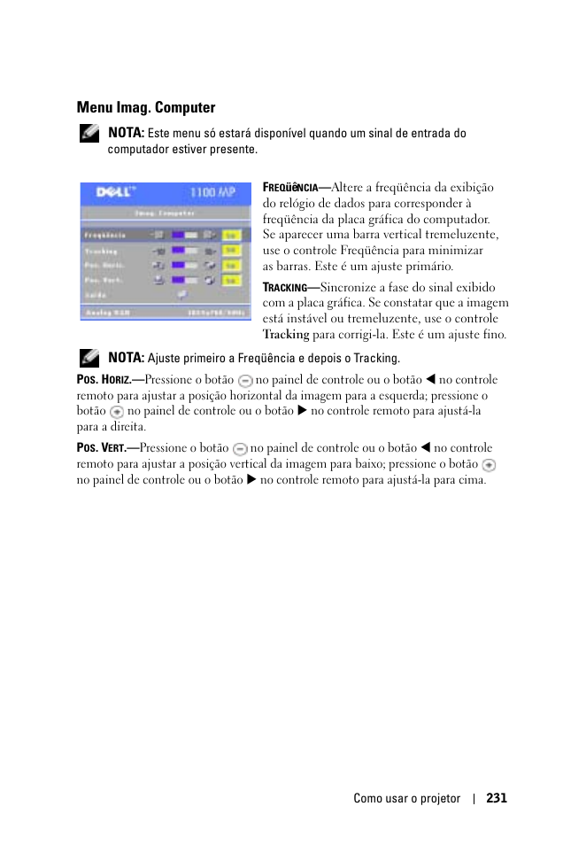 Menu imag. computer, Nota | Dell 1100MP User Manual | Page 231 / 278