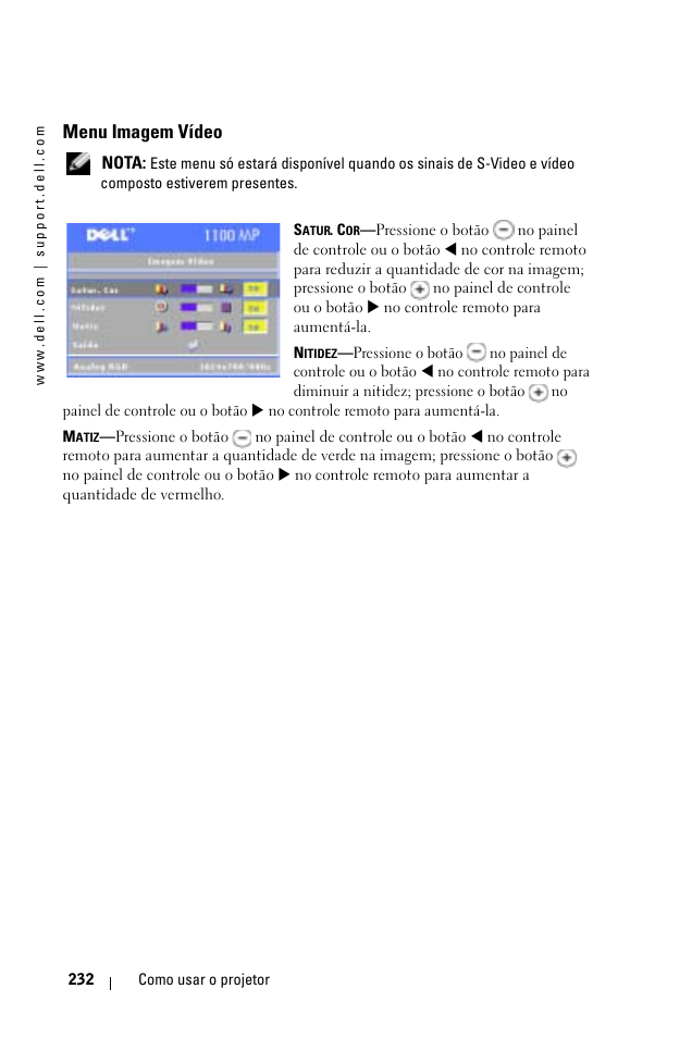 Menu imagem vídeo | Dell 1100MP User Manual | Page 232 / 278