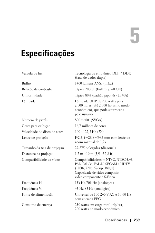 Especificações, 5 especificações | Dell 1100MP User Manual | Page 237 / 278