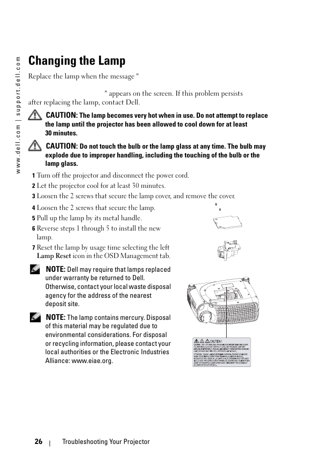 Changing the lamp | Dell 1100MP User Manual | Page 26 / 278