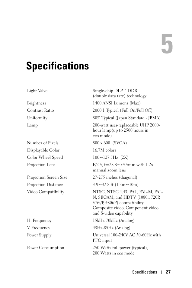 Specifications, 5 specifications | Dell 1100MP User Manual | Page 27 / 278