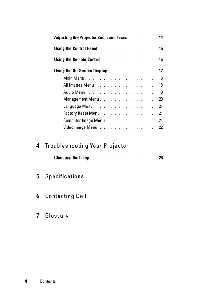 4 troubleshooting your projector, 5 specifications 6 contacting dell 7 glossary | Dell 1100MP User Manual | Page 4 / 278