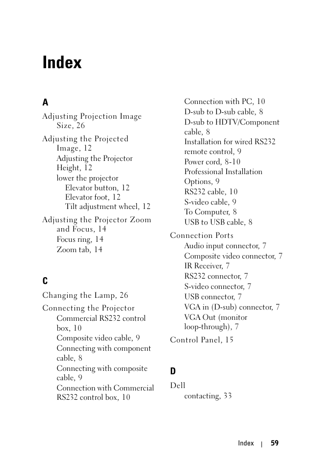 Index | Dell 1100MP User Manual | Page 59 / 278