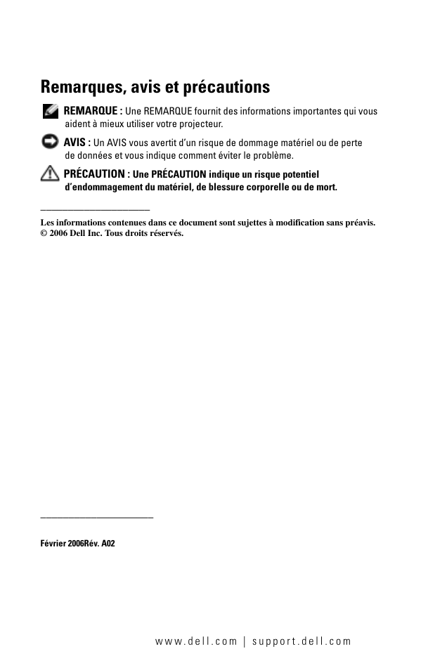 Remarques, avis et précautions | Dell 1100MP User Manual | Page 64 / 278