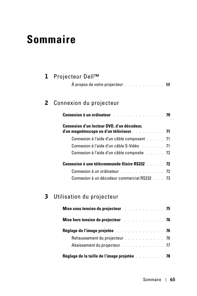 Sommaire, 1 projecteur dell, 2 connexion du projecteur | 3 utilisation du projecteur | Dell 1100MP User Manual | Page 65 / 278