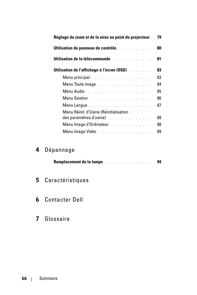 4 dépannage, 5 caractéristiques 6 contacter dell 7 glossaire | Dell 1100MP User Manual | Page 66 / 278