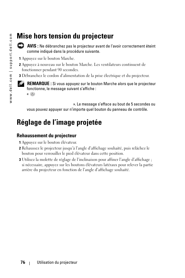 Mise hors tension du projecteur, Réglage de l’image projetée, Rehaussement du projecteur | Dell 1100MP User Manual | Page 76 / 278