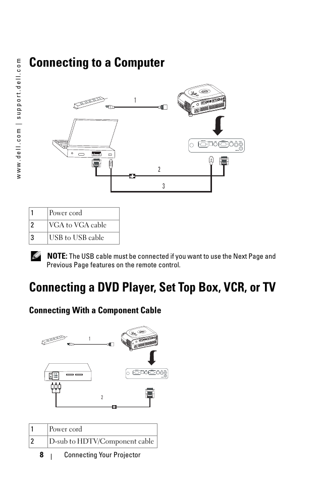 Connecting to a computer, Connecting a dvd player, set top box, vcr, or tv, Connecting with a component cable | Dell 1100MP User Manual | Page 8 / 278