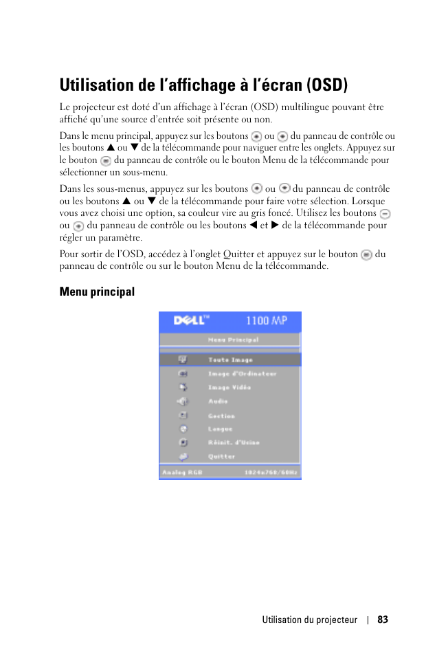 Utilisation de l’affichage à l’écran (osd), Menu principal | Dell 1100MP User Manual | Page 83 / 278