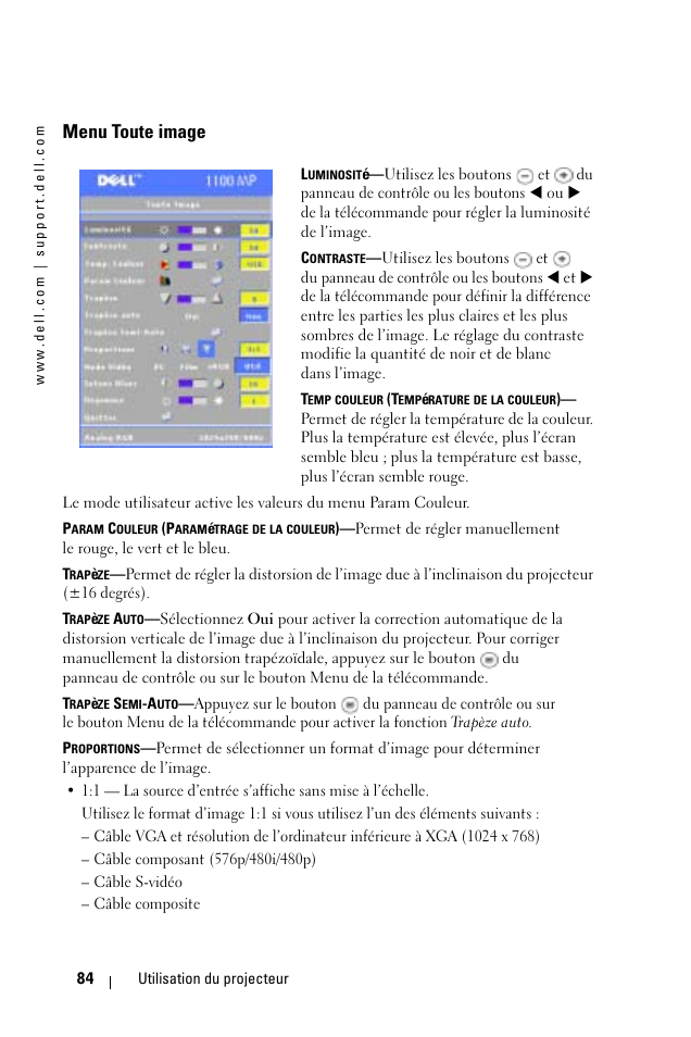 Menu toute image | Dell 1100MP User Manual | Page 84 / 278