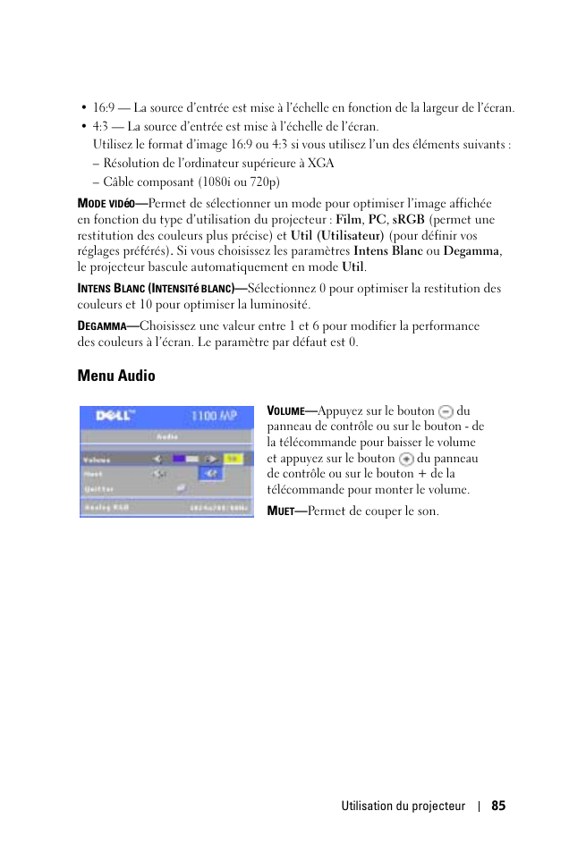 Menu audio | Dell 1100MP User Manual | Page 85 / 278