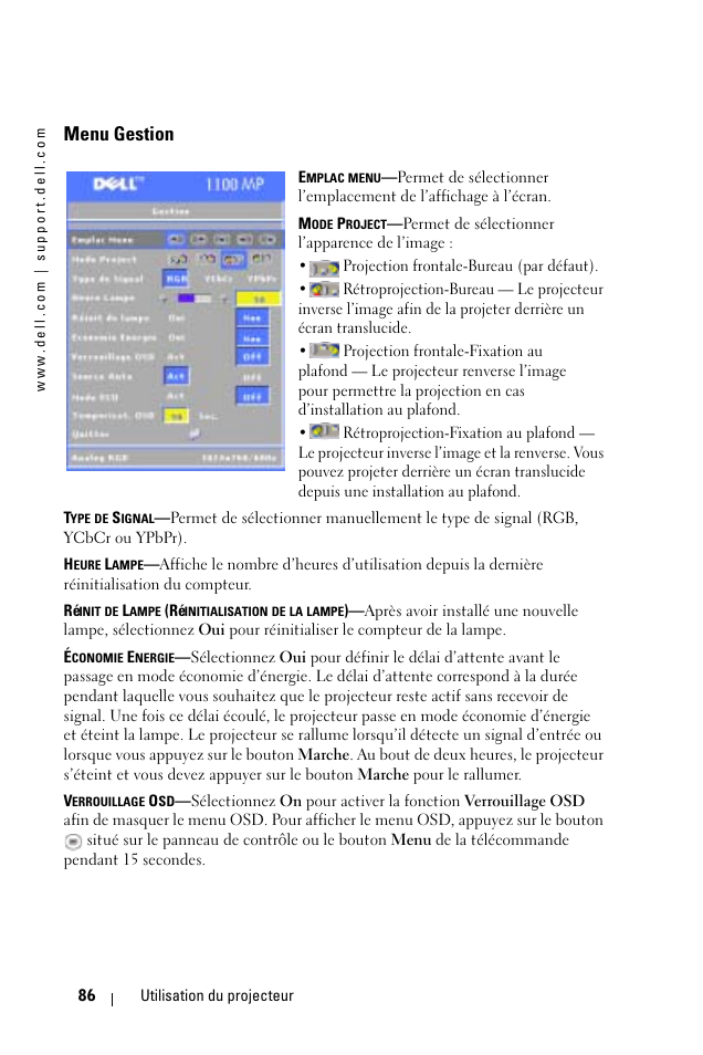 Menu gestion | Dell 1100MP User Manual | Page 86 / 278