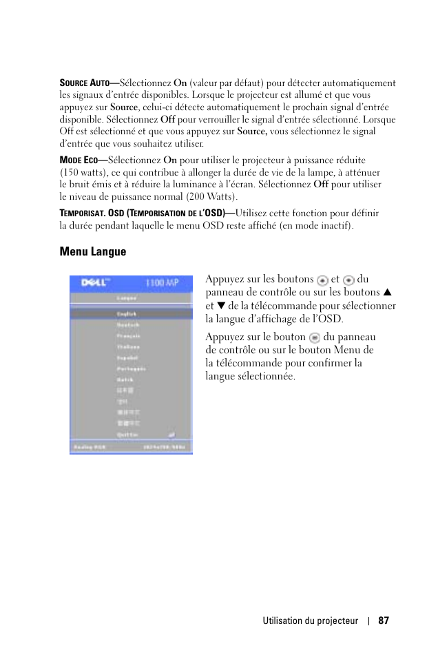 Menu langue | Dell 1100MP User Manual | Page 87 / 278