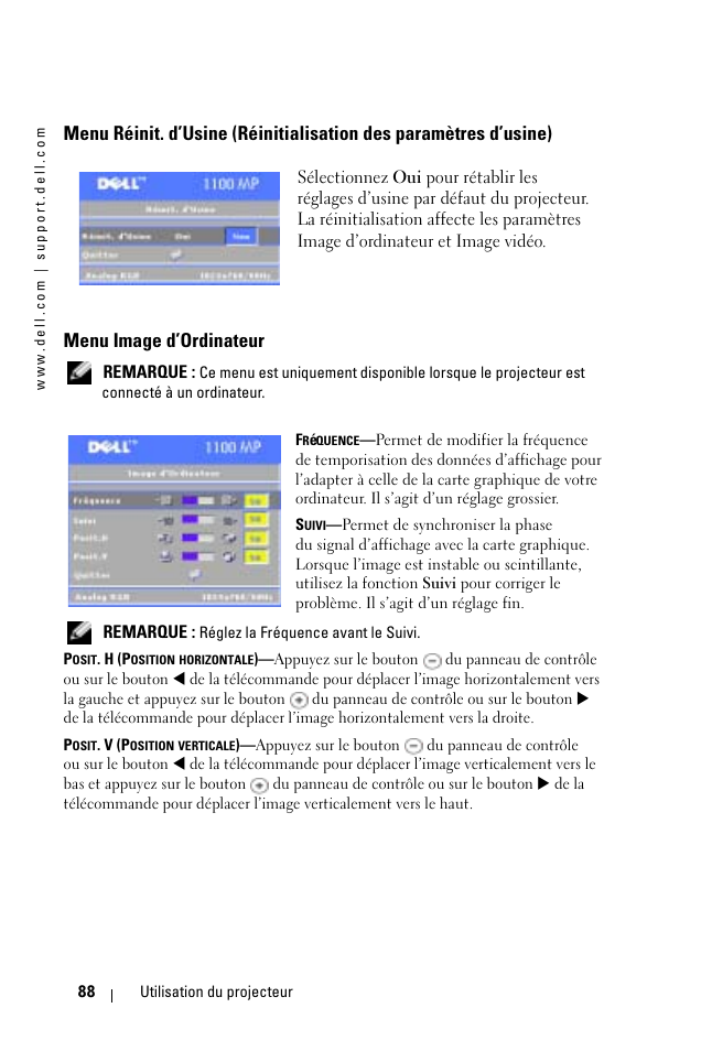 Menu image d’ordinateur | Dell 1100MP User Manual | Page 88 / 278