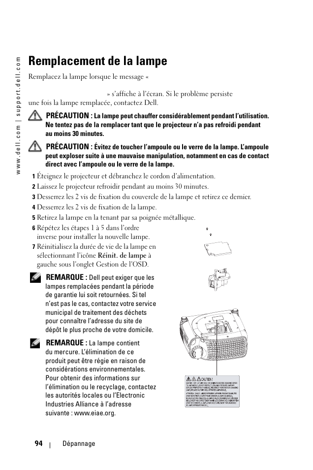 Remplacement de la lampe | Dell 1100MP User Manual | Page 94 / 278