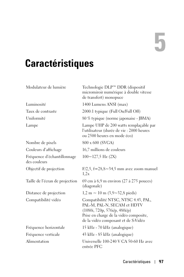Caractéristiques, 5 caractéristiques | Dell 1100MP User Manual | Page 97 / 278
