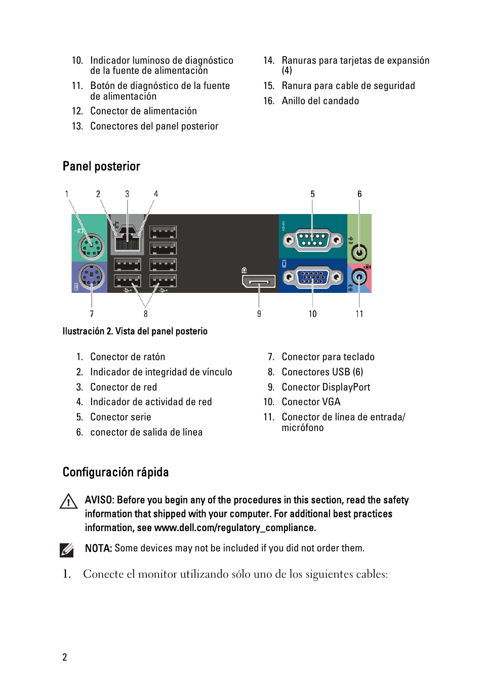 Panel posterior, Configuración rápida | Dell Precision T1600 (Early 2011) User Manual | Page 2 / 8