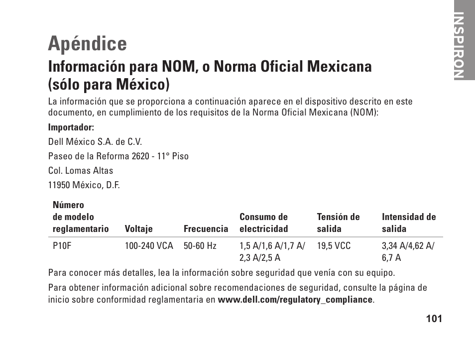 Apéndice, Información para nom, o norma oficial, Mexicana (sólo para méxico) | Inspiron | Dell Inspiron 15 (M5010, Early 2010) User Manual | Page 103 / 112