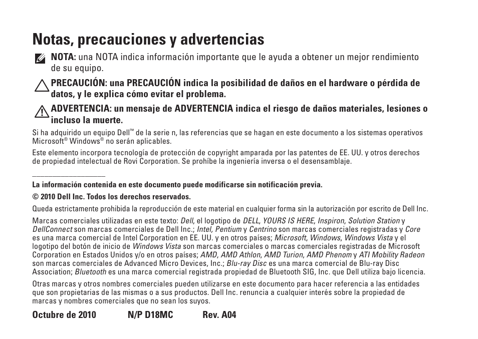 Notas, precauciones y advertencias | Dell Inspiron 15 (M5010, Early 2010) User Manual | Page 4 / 112