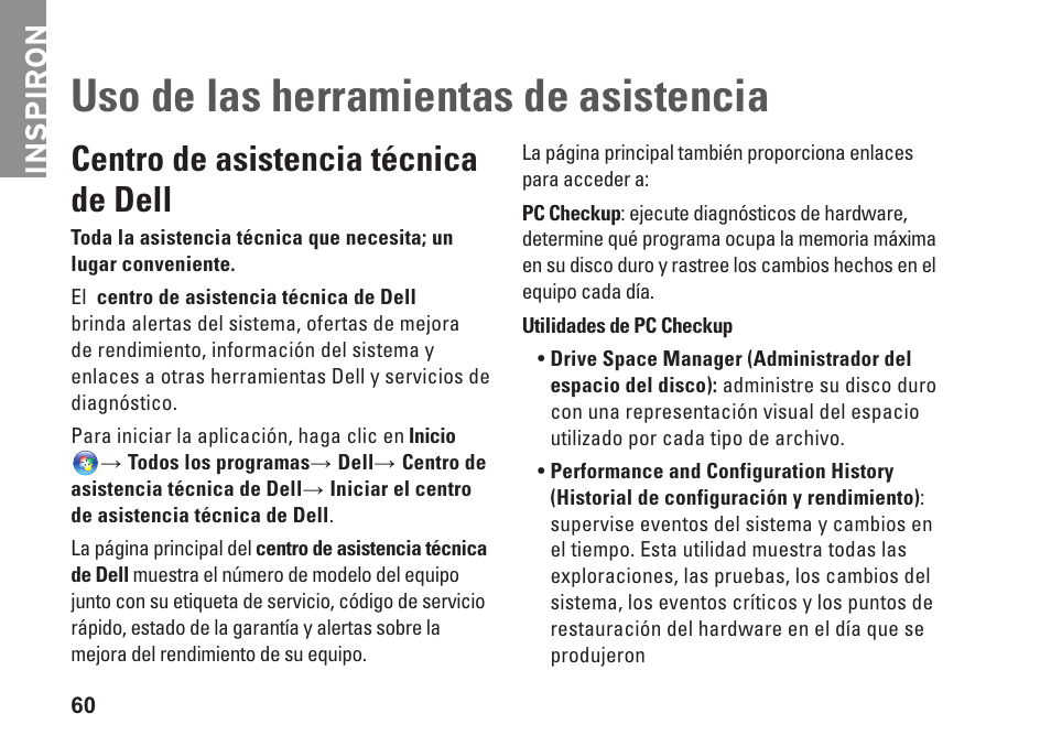 Uso de las herramientas de asistencia, Centro de asistencia técnica de dell, Uso de las herramientas de | Asistencia, Inspiron | Dell Inspiron 15 (M5010, Early 2010) User Manual | Page 62 / 112