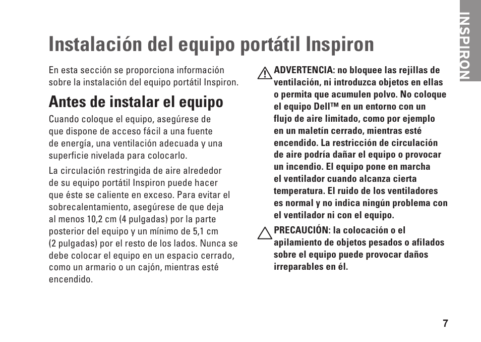 Instalación del equipo portátil inspiron, Antes de instalar el equipo, Instalación del equipo portátil | Inspiron | Dell Inspiron 15 (M5010, Early 2010) User Manual | Page 9 / 112