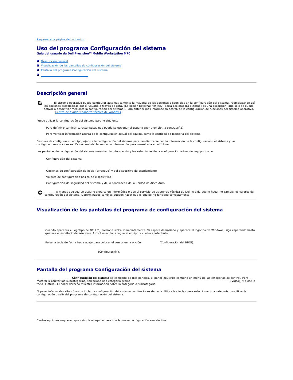 Uso del programa configuración del sistema, Descripción general, Pantalla del programa configuración del sistema | Opciones utilizadas con frecuencia, Cambio de la secuencia de arranque | Dell Precision M70 User Manual | Page 103 / 122