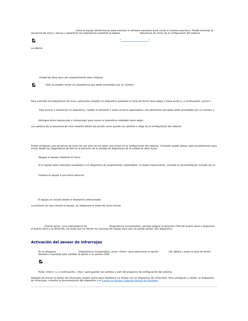 Cambio de los puertos com, Activación del sensor de infrarrojos | Dell Precision M70 User Manual | Page 104 / 122