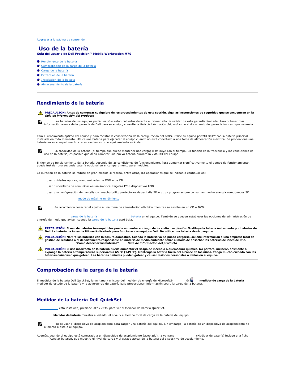 Uso de la batería, Rendimiento de la batería, Comprobación de la carga de la batería | Medidor de la batería dell quickset | Dell Precision M70 User Manual | Page 11 / 122