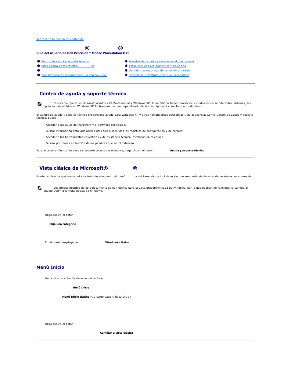 Uso de microsoft® windows® xp, Centro de ayuda y soporte técnico, Vista clásica de microsoft® windows | Escritorio, Menú inicio, Panel de control | Dell Precision M70 User Manual | Page 118 / 122