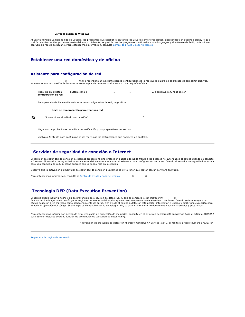 Establecer una red doméstica y de oficina, Servidor de seguridad de conexión a internet, Tecnología dep (data execution prevention) | Asistente para configuración de red | Dell Precision M70 User Manual | Page 122 / 122