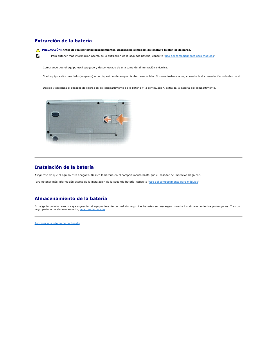 Extracción de la batería, Instalación de la batería, Almacenamiento de la batería | Batería | Dell Precision M70 User Manual | Page 13 / 122