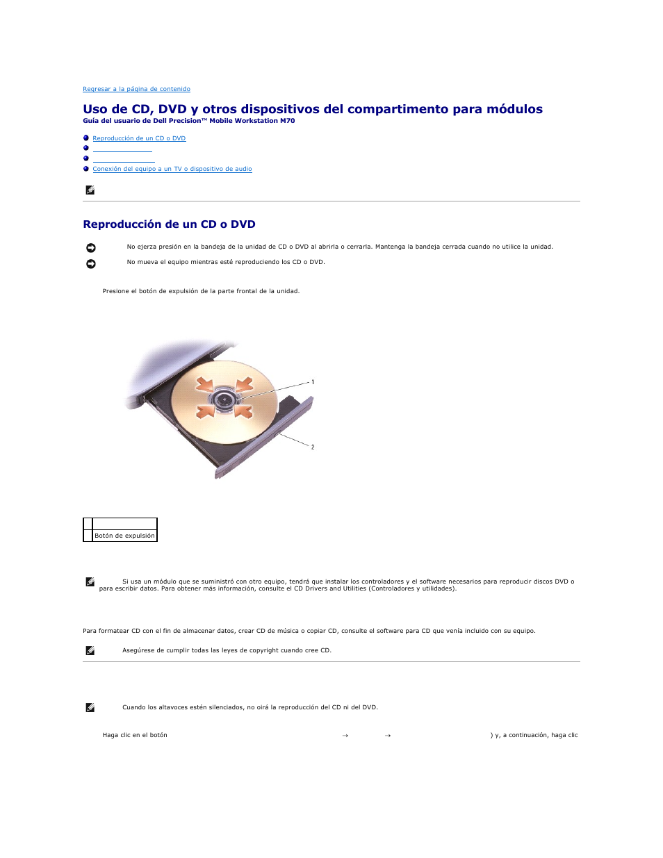 Reproducción de un cd o dvd, Ajuste del volumen | Dell Precision M70 User Manual | Page 17 / 122