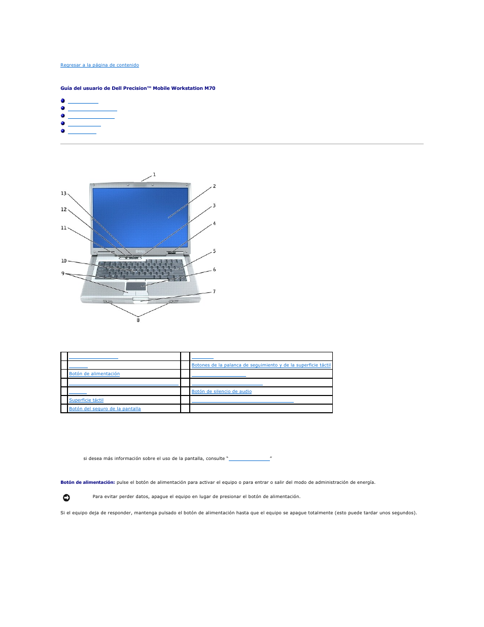 Acerca de su equipo, Vista anterior | Dell Precision M70 User Manual | Page 2 / 122