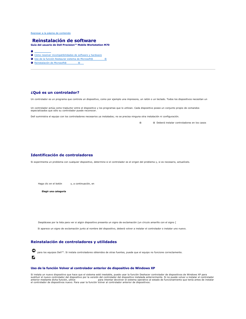 Reinstalación de software, Controladores, Qué es un controlador | Identificación de controladores, Reinstalación de controladores y utilidades | Dell Precision M70 User Manual | Page 34 / 122