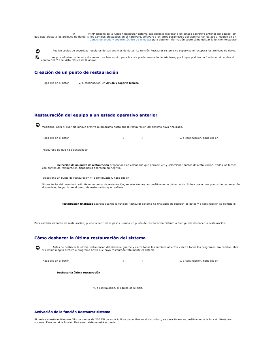 Creación de un punto de restauración, Cómo deshacer la última restauración del sistema | Dell Precision M70 User Manual | Page 37 / 122