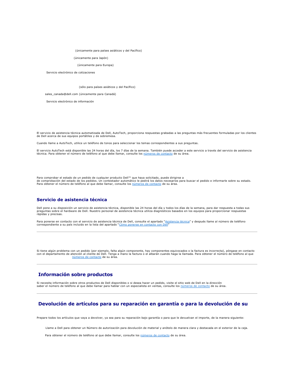 Problemas con su pedido, Información sobre productos, Servicio de asistencia técnica | Servicio autotech | Dell Precision M70 User Manual | Page 45 / 122