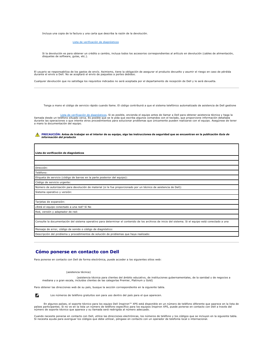 Antes de llamar, Cómo ponerse en contacto con dell, Haga una copia de la | Lista de verificación de diagnósticos, Números de contacto, Debe llamar, consulte los, De su área | Dell Precision M70 User Manual | Page 46 / 122