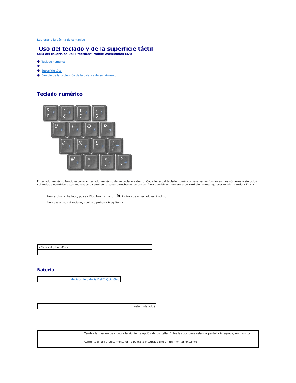 Uso del teclado y de la superficie táctil, Teclado numérico, Combinaciones de teclas | Funciones del sistema, Batería, Bandeja de cd o de dvd, Funciones de la pantalla | Dell Precision M70 User Manual | Page 63 / 122