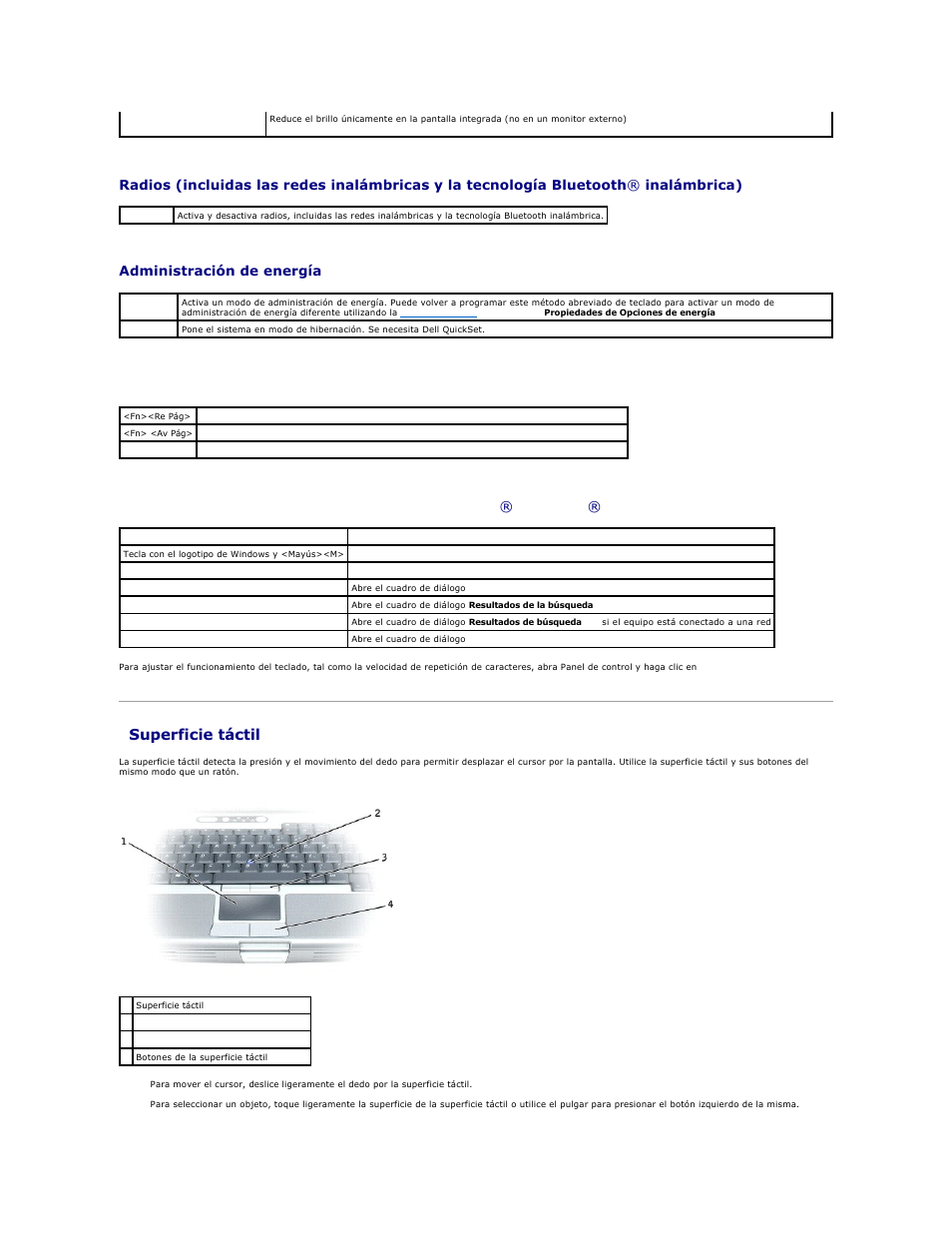 Superficie táctil, Administración de energía, Funciones de los altavoces | Dell Precision M70 User Manual | Page 64 / 122