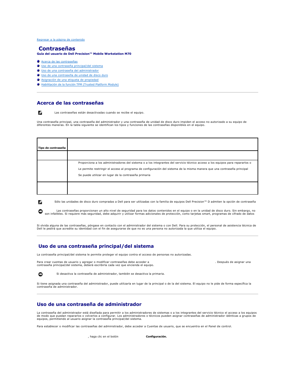Contraseñas, Acerca de las contraseñas, Uso de una contraseña principal/del sistema | Uso de una contraseña de administrador | Dell Precision M70 User Manual | Page 66 / 122
