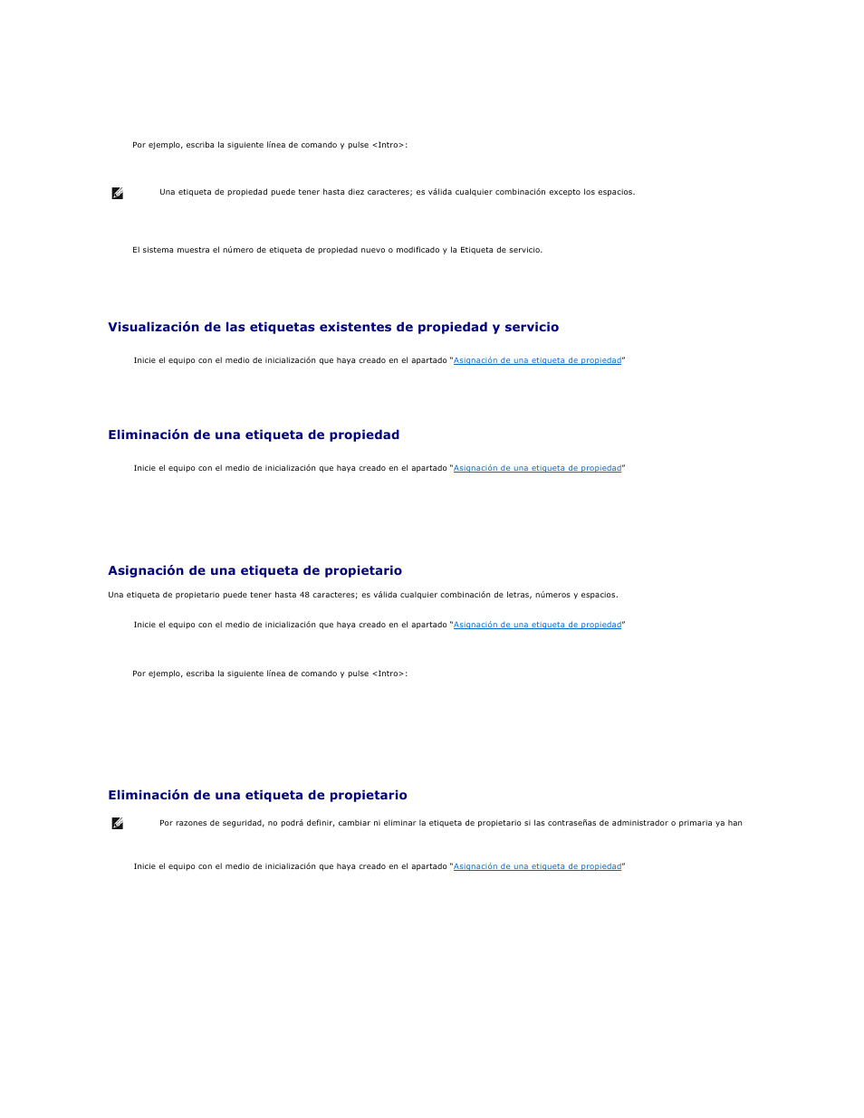 Eliminación de una etiqueta de propiedad, Asignación de una etiqueta de propietario, Eliminación de una etiqueta de propietario | Opciones de etiqueta de propiedad | Dell Precision M70 User Manual | Page 68 / 122