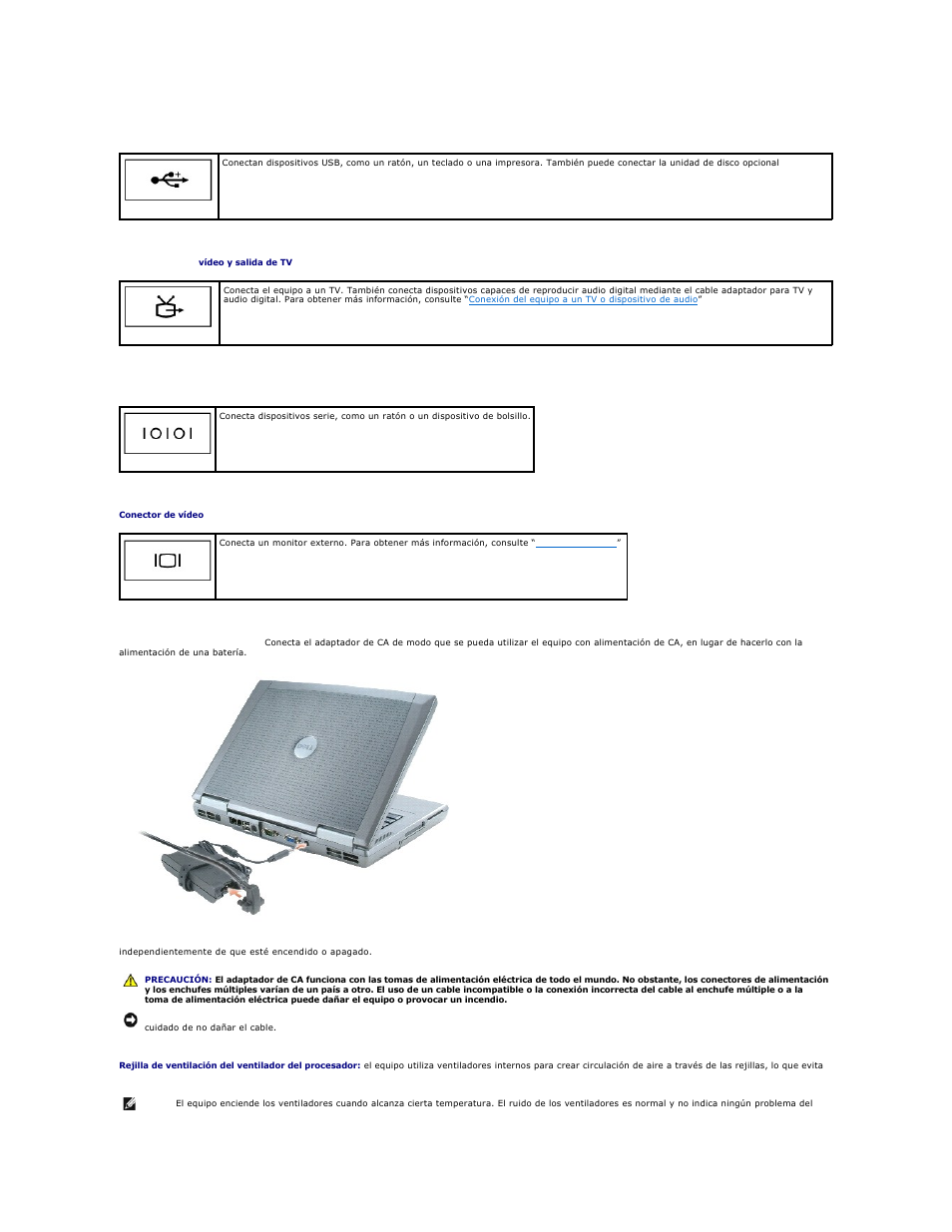 Conector para s-vídeo y salida de tv, Conector serie, Conector de vídeo | Conector del adaptador de ca | Dell Precision M70 User Manual | Page 7 / 122