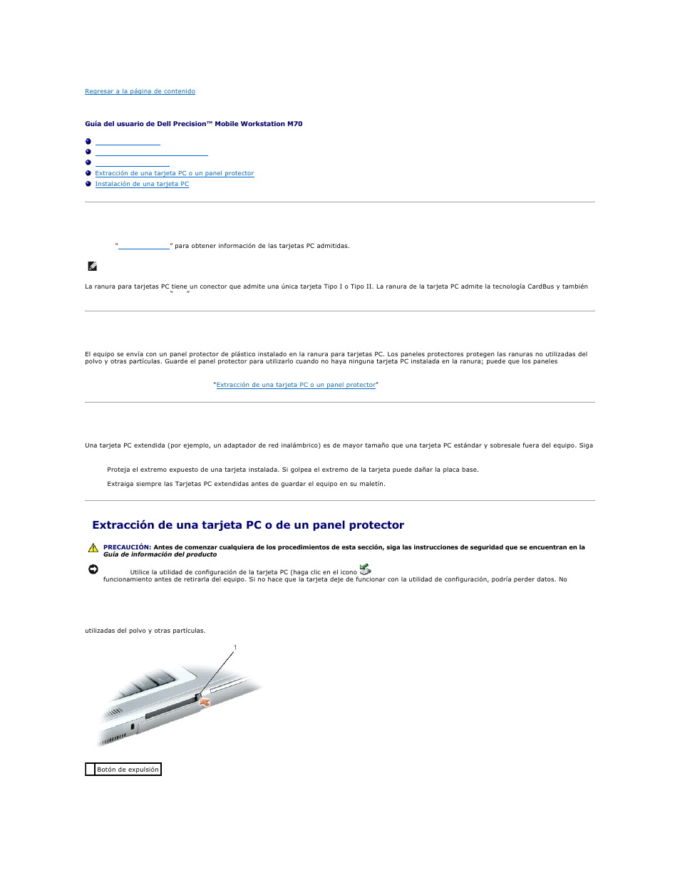 Uso de tarjetas pc, Tipos de tarjetas pc, Paneles protectores de tarjetas pc | Tarjetas pc extendidas | Dell Precision M70 User Manual | Page 71 / 122